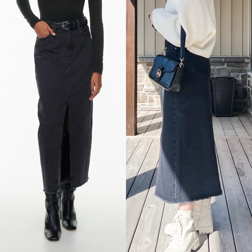 Aritzia Denim Forum Black Denim 90’s Vintage Split Front Maxi Skirt